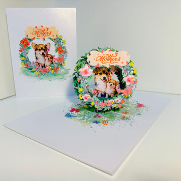 Happy Mother's Day - Mother Dog & Cute Puppy in Floral Wreath Origami Pop Cards 3D Pop Up Greeting Card Handmade Gift for Mum Floral Blank Card Australian Made Thank You Thinking of You Mother's Day Paper Art Gift Australian Flowers Celebrate Special Mum