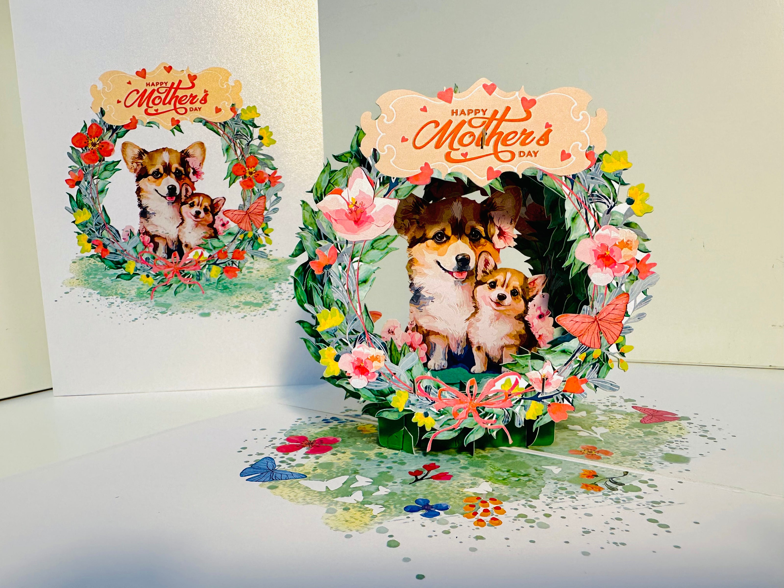 Happy Mother's Day - Mother Dog & Cute Puppy in Floral Wreath Origami Pop Cards 3D Pop Up Greeting Card Handmade Gift for Mum Floral Blank Card Australian Made Thank You Thinking of You Mother's Day Paper Art Gift Australian Flowers Celebrate Special Mum