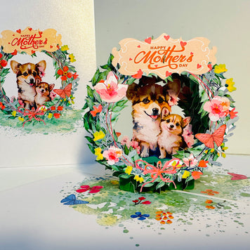 Happy Mother's Day - Mother Dog & Cute Puppy in Floral Wreath Origami Pop Cards 3D Pop Up Greeting Card Handmade Gift for Mum Floral Blank Card Australian Made Thank You Thinking of You Mother's Day Paper Art Gift Australian Flowers Celebrate Special Mum