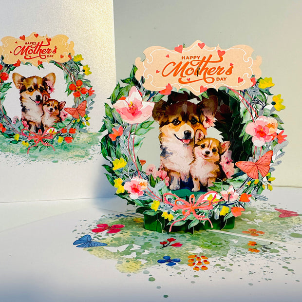 Happy Mother's Day - Mother Dog & Cute Puppy in Floral Wreath Origami Pop Cards 3D Pop Up Greeting Card Handmade Gift for Mum Floral Blank Card Australian Made Thank You Thinking of You Mother's Day Paper Art Gift Australian Flowers Celebrate Special Mum
