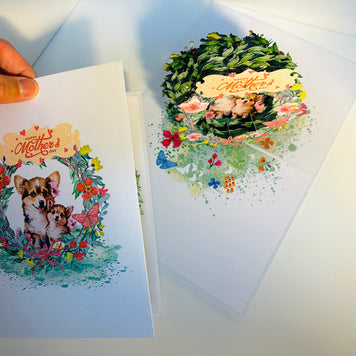 Happy Mother's Day - Mother Dog & Cute Puppy in Floral Wreath Origami Pop Cards 3D Pop Up Greeting Card Handmade Gift for Mum Floral Blank Card Australian Made Thank You Thinking of You Mother's Day Paper Art Gift Australian Flowers Celebrate Special Mum