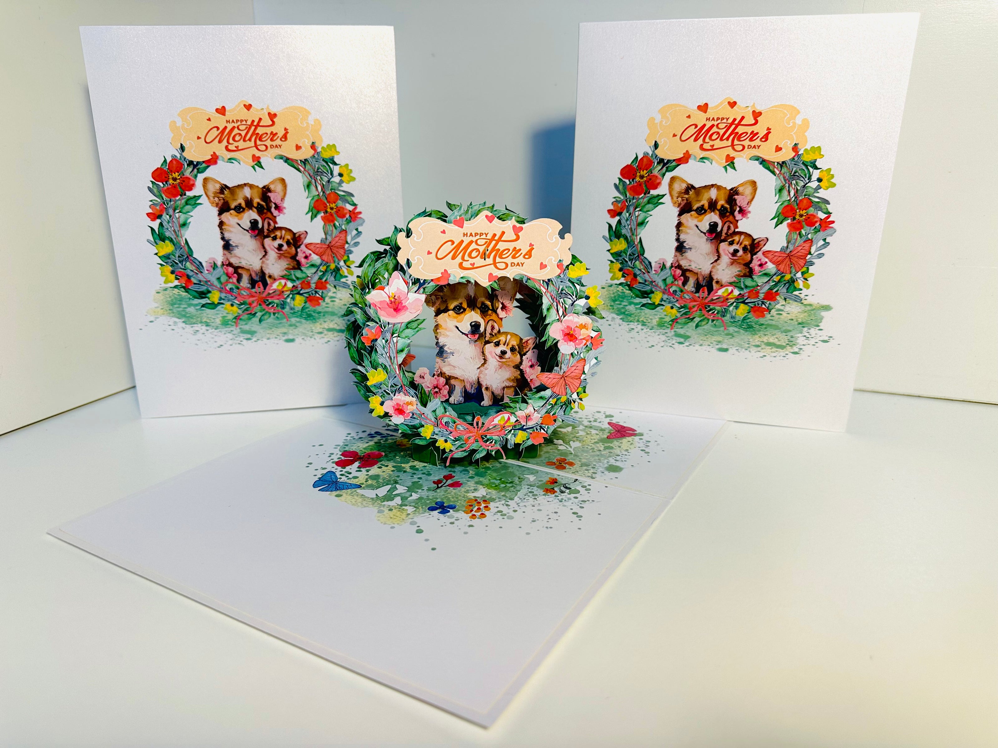 Happy Mother's Day - Mother Dog & Cute Puppy in Floral Wreath Origami Pop Cards 3D Pop Up Greeting Card Handmade Gift for Mum Floral Blank Card Australian Made Thank You Thinking of You Mother's Day Paper Art Gift Australian Flowers Celebrate Special Mum