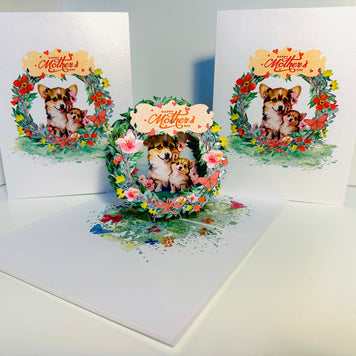 Happy Mother's Day - Mother Dog & Cute Puppy in Floral Wreath Origami Pop Cards 3D Pop Up Greeting Card Handmade Gift for Mum Floral Blank Card Australian Made Thank You Thinking of You Mother's Day Paper Art Gift Australian Flowers Celebrate Special Mum