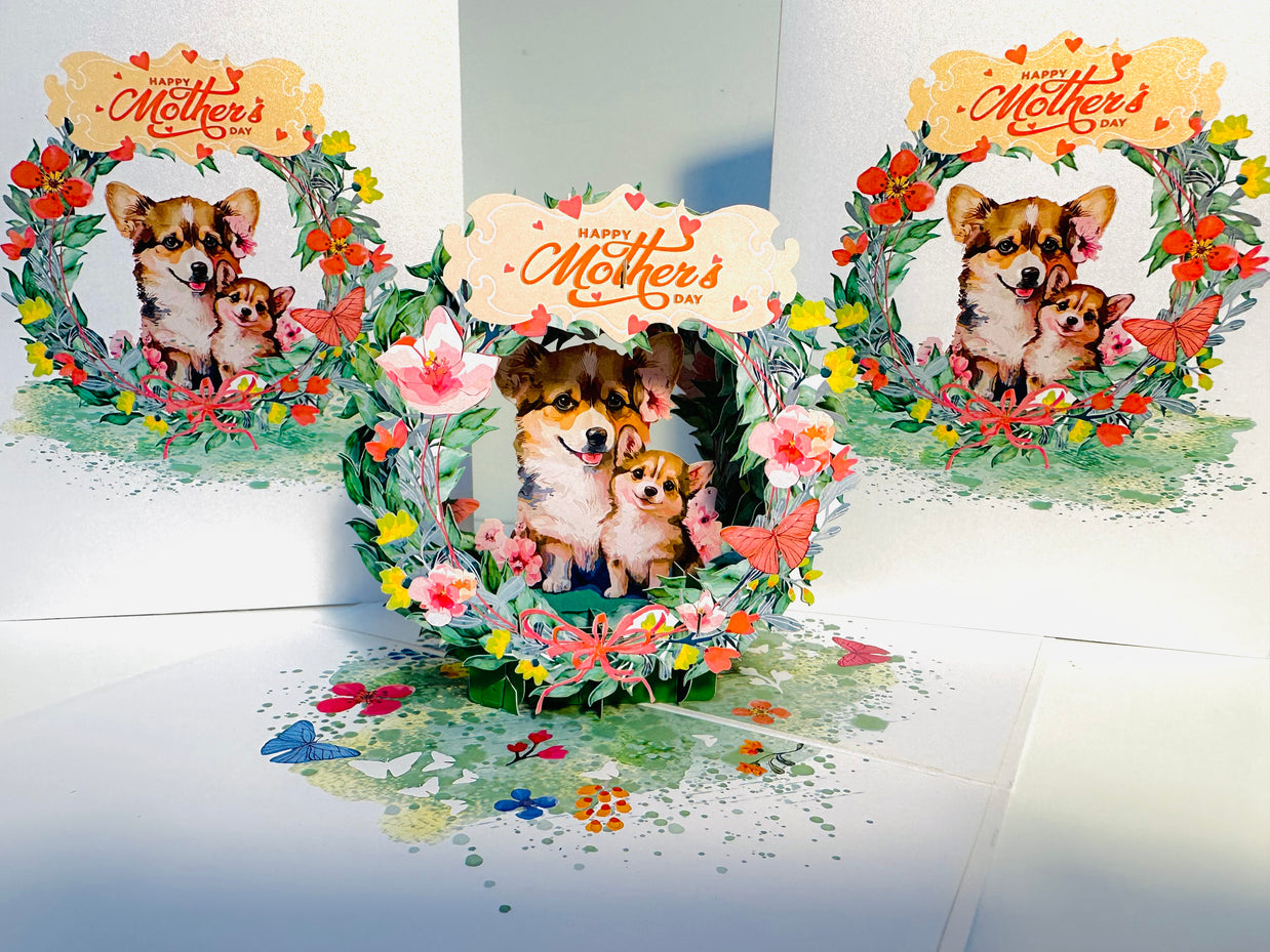 Happy Mother's Day - Mother Dog & Cute Puppy in Floral Wreath Origami Pop Cards 3D Pop Up Greeting Card Handmade Gift for Mum Floral Blank Card Australian Made Thank You Thinking of You Mother's Day Paper Art Gift Australian Flowers Celebrate Special Mum