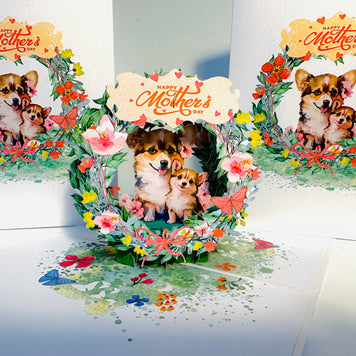 Happy Mother's Day - Mother Dog & Cute Puppy in Floral Wreath Origami Pop Cards 3D Pop Up Greeting Card Handmade Gift for Mum Floral Blank Card Australian Made Thank You Thinking of You Mother's Day Paper Art Gift Australian Flowers Celebrate Special Mum