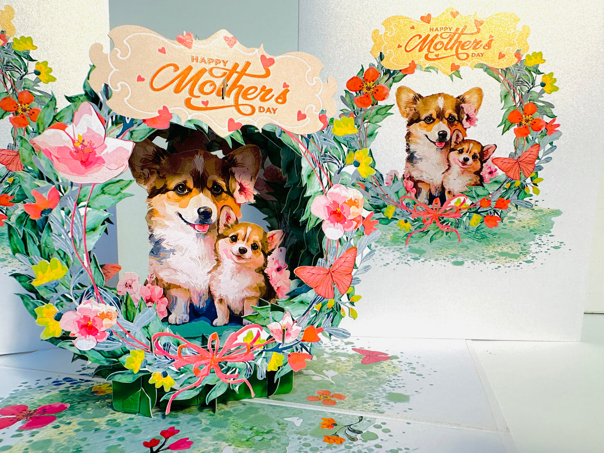 Happy Mother's Day - Mother Dog & Cute Puppy in Floral Wreath Origami Pop Cards 3D Pop Up Greeting Card Handmade Gift for Mum Floral Blank Card Australian Made Thank You Thinking of You Mother's Day Paper Art Gift Australian Flowers Celebrate Special Mum