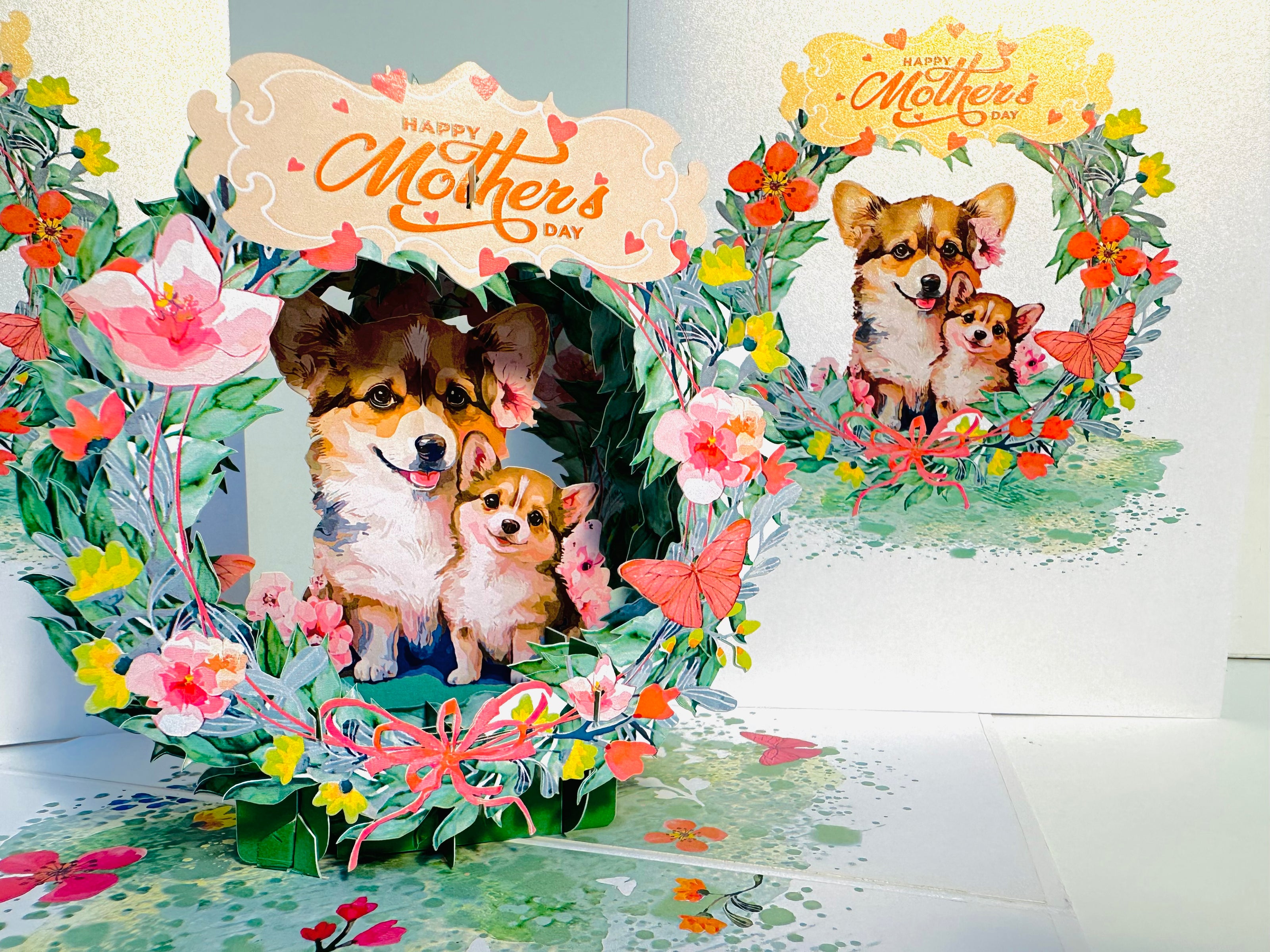 Happy Mother's Day - Mother Dog & Cute Puppy in Floral Wreath Origami Pop Cards 3D Pop Up Greeting Card Handmade Gift for Mum Floral Blank Card Australian Made Thank You Thinking of You Mother's Day Paper Art Gift Australian Flowers Celebrate Special Mum