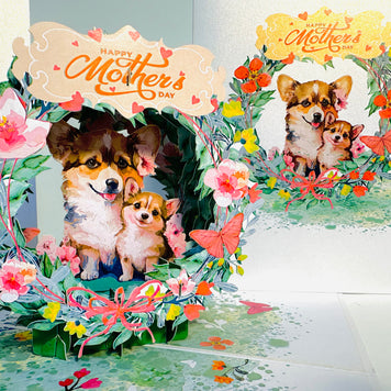 Happy Mother's Day - Mother Dog & Cute Puppy in Floral Wreath Origami Pop Cards 3D Pop Up Greeting Card Handmade Gift for Mum Floral Blank Card Australian Made Thank You Thinking of You Mother's Day Paper Art Gift Australian Flowers Celebrate Special Mum