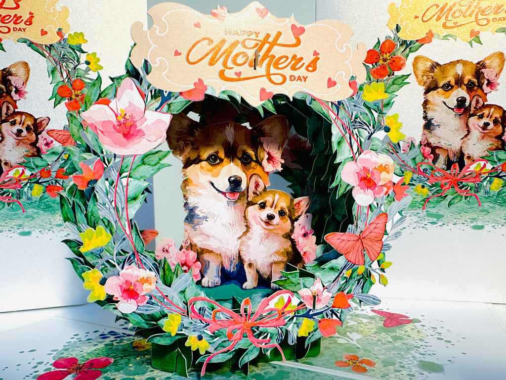 Happy Mother's Day - Mother Dog & Cute Puppy in Floral Wreath Origami Pop Cards 3D Pop Up Greeting Card Handmade Gift for Mum Floral Blank Card Australian Made Thank You Thinking of You Mother's Day Paper Art Gift Australian Flowers Celebrate Special Mum
