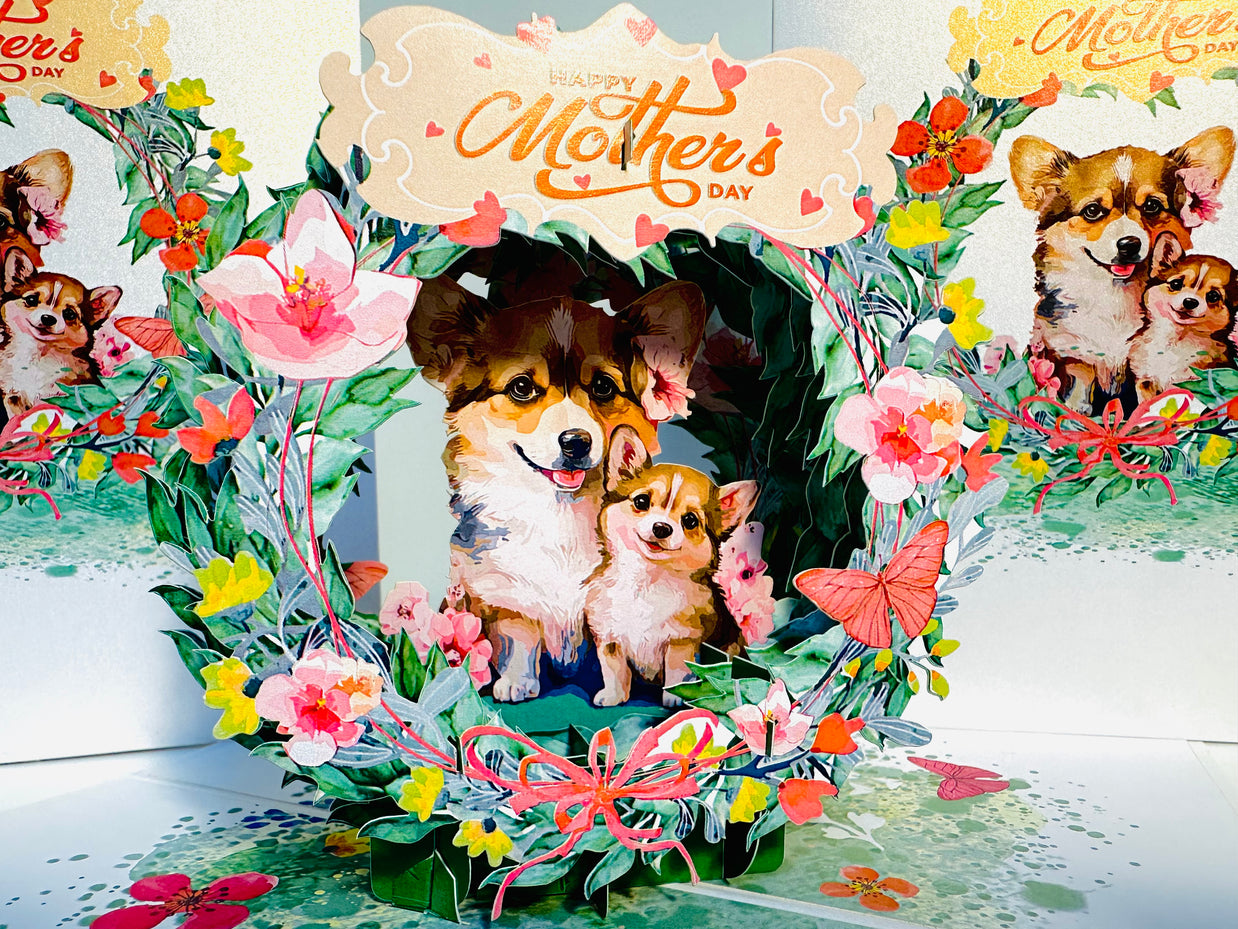 Happy Mother's Day - Mother Dog & Cute Puppy in Floral Wreath Origami Pop Cards 3D Pop Up Greeting Card Handmade Gift for Mum Floral Blank Card Australian Made Thank You Thinking of You Mother's Day Paper Art Gift Australian Flowers Celebrate Special Mum