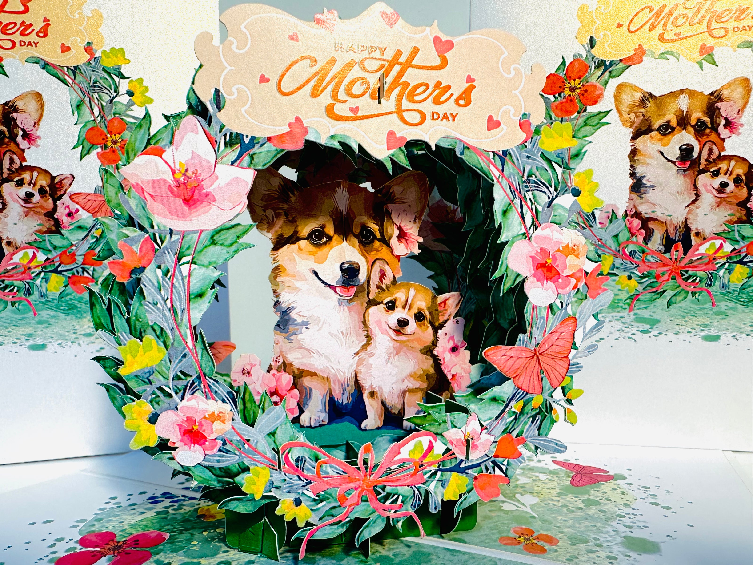 Happy Mother's Day - Mother Dog & Cute Puppy in Floral Wreath Origami Pop Cards 3D Pop Up Greeting Card Handmade Gift for Mum Floral Blank Card Australian Made Thank You Thinking of You Mother's Day Paper Art Gift Australian Flowers Celebrate Special Mum