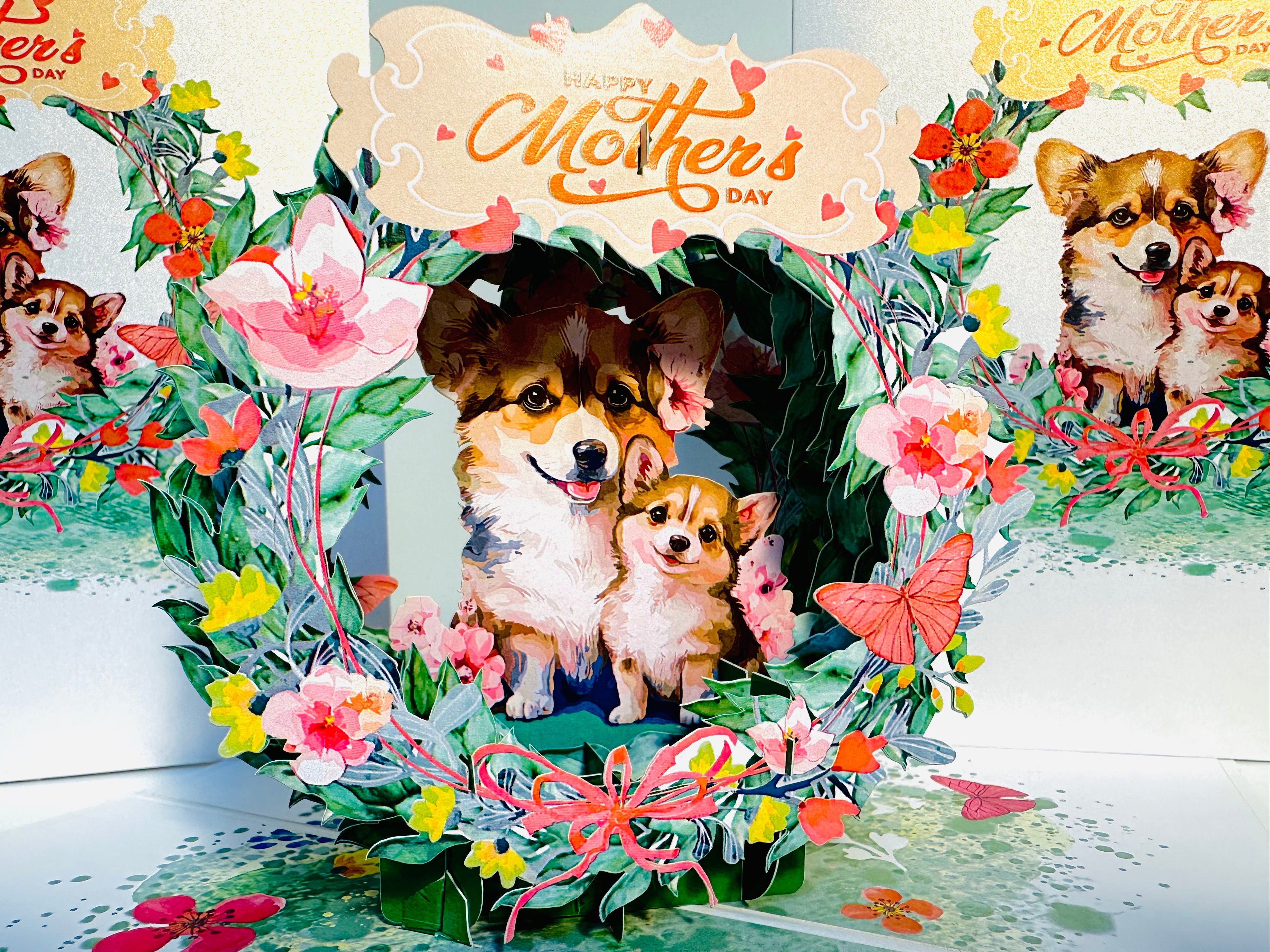 Happy Mother's Day - Mother Dog & Cute Puppy in Floral Wreath Origami Pop Cards 3D Pop Up Greeting Card Handmade Gift for Mum Floral Blank Card Australian Made Thank You Thinking of You Mother's Day Paper Art Gift Australian Flowers Celebrate Special Mum