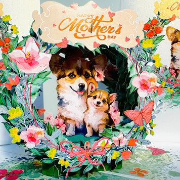 Happy Mother's Day - Mother Dog & Cute Puppy in Floral Wreath Origami Pop Cards 3D Pop Up Greeting Card Handmade Gift for Mum Floral Blank Card Australian Made Thank You Thinking of You Mother's Day Paper Art Gift Australian Flowers Celebrate Special Mum