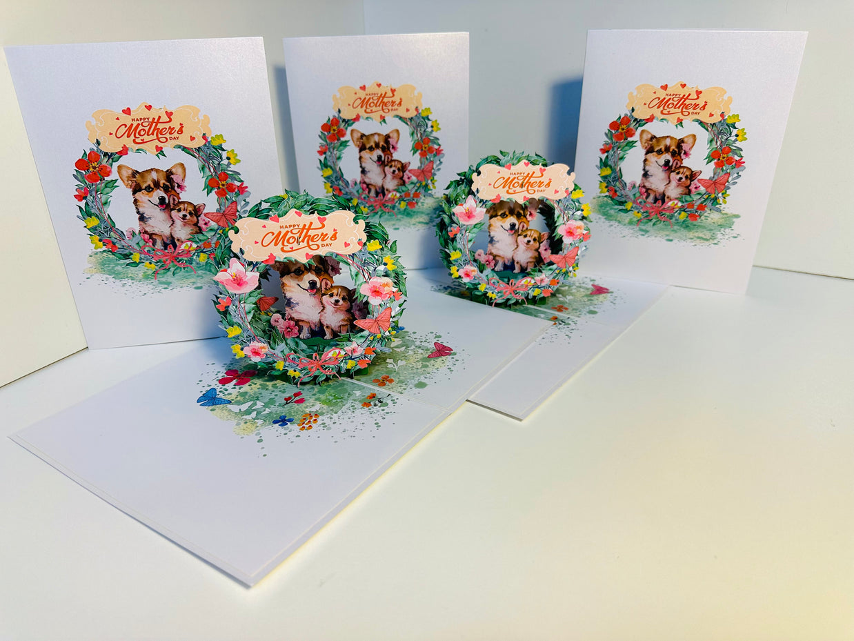 Happy Mother's Day - Mother Dog & Cute Puppy in Floral Wreath Origami Pop Cards 3D Pop Up Greeting Card Handmade Gift for Mum Floral Blank Card Australian Made Thank You Thinking of You Mother's Day Paper Art Gift Australian Flowers Celebrate Special Mum