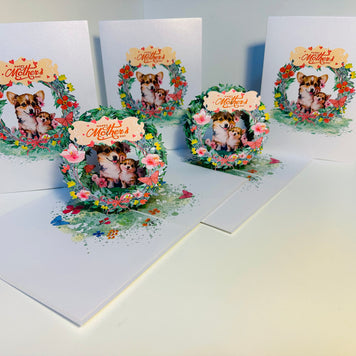 Happy Mother's Day - Mother Dog & Cute Puppy in Floral Wreath Origami Pop Cards 3D Pop Up Greeting Card Handmade Gift for Mum Floral Blank Card Australian Made Thank You Thinking of You Mother's Day Paper Art Gift Australian Flowers Celebrate Special Mum