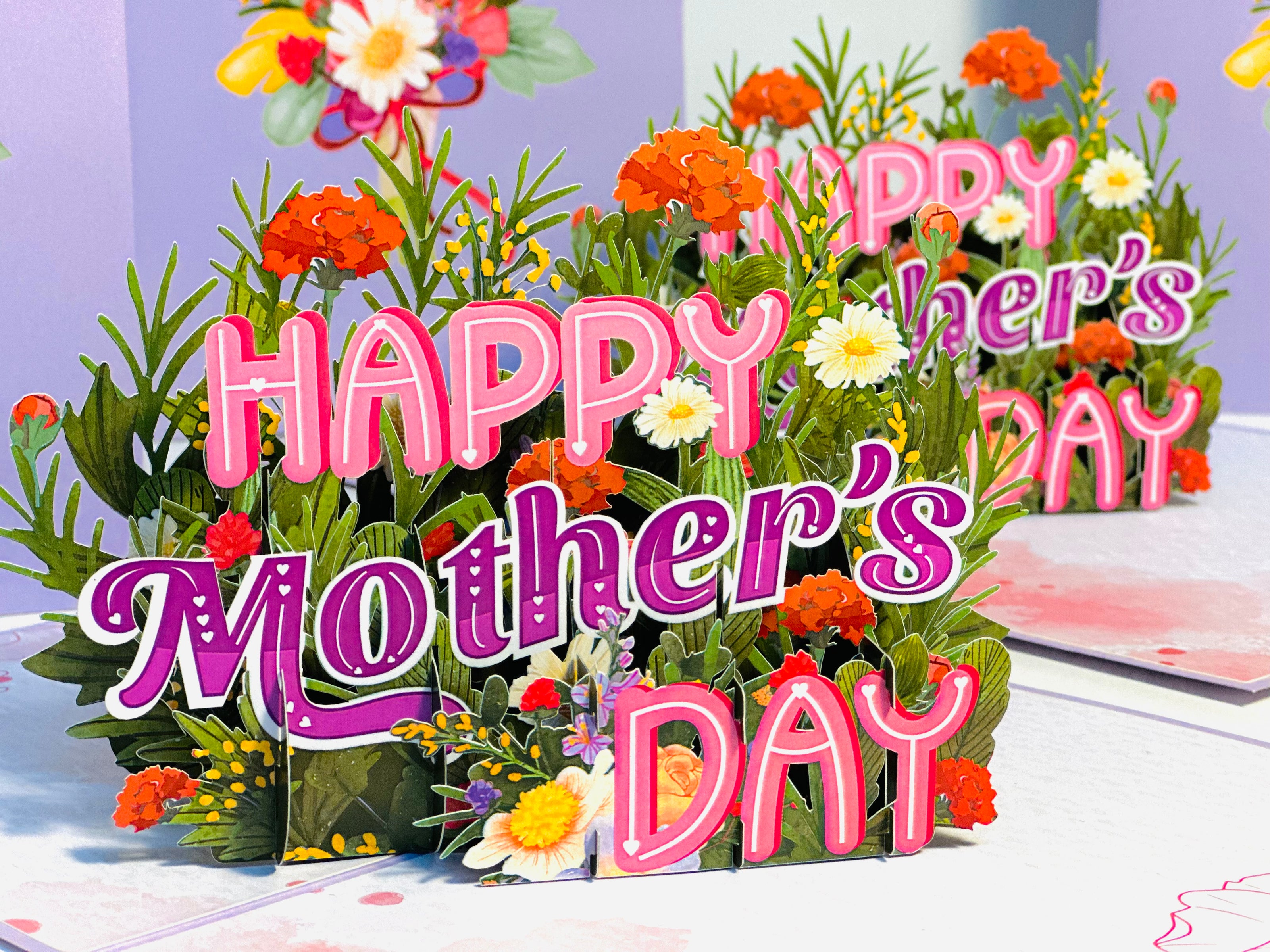 Happy Mother's Day - Purple Spring Flower Garden Origami Pop Cards 3D Pop Up Greeting Card Handmade Gift for Mum Floral Blank Card Australian Made Thank You Thinking of You Mother's Day Paper Art Gift Australian Flowers Celebrate Special Mum