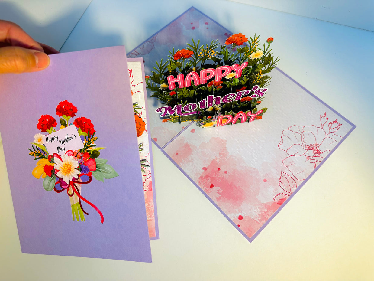 Happy Mother's Day - Purple Spring Flower Garden Origami Pop Cards 3D Pop Up Greeting Card Handmade Gift for Mum Floral Blank Card Australian Made Thank You Thinking of You Mother's Day Paper Art Gift Australian Flowers Celebrate Special Mum