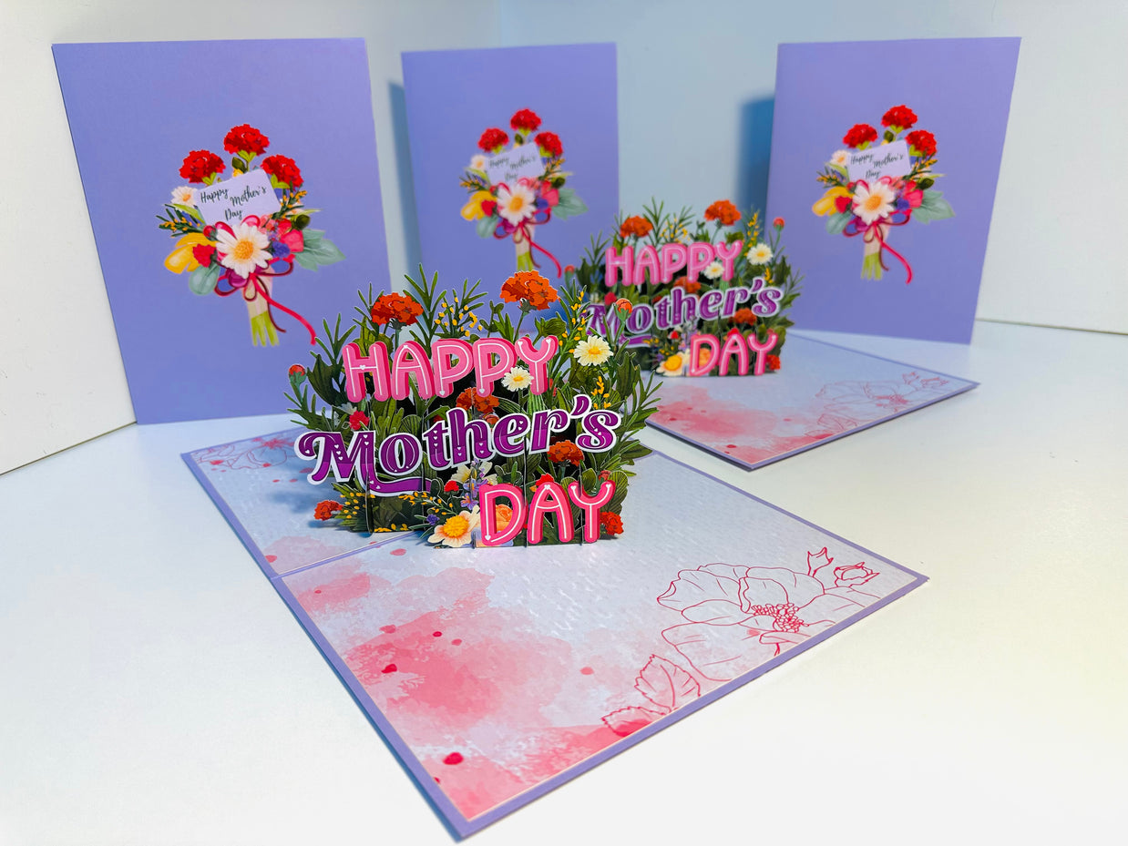 Happy Mother's Day - Purple Spring Flower Garden Origami Pop Cards 3D Pop Up Greeting Card Handmade Gift for Mum Floral Blank Card Australian Made Thank You Thinking of You Mother's Day Paper Art Gift Australian Flowers Celebrate Special Mum