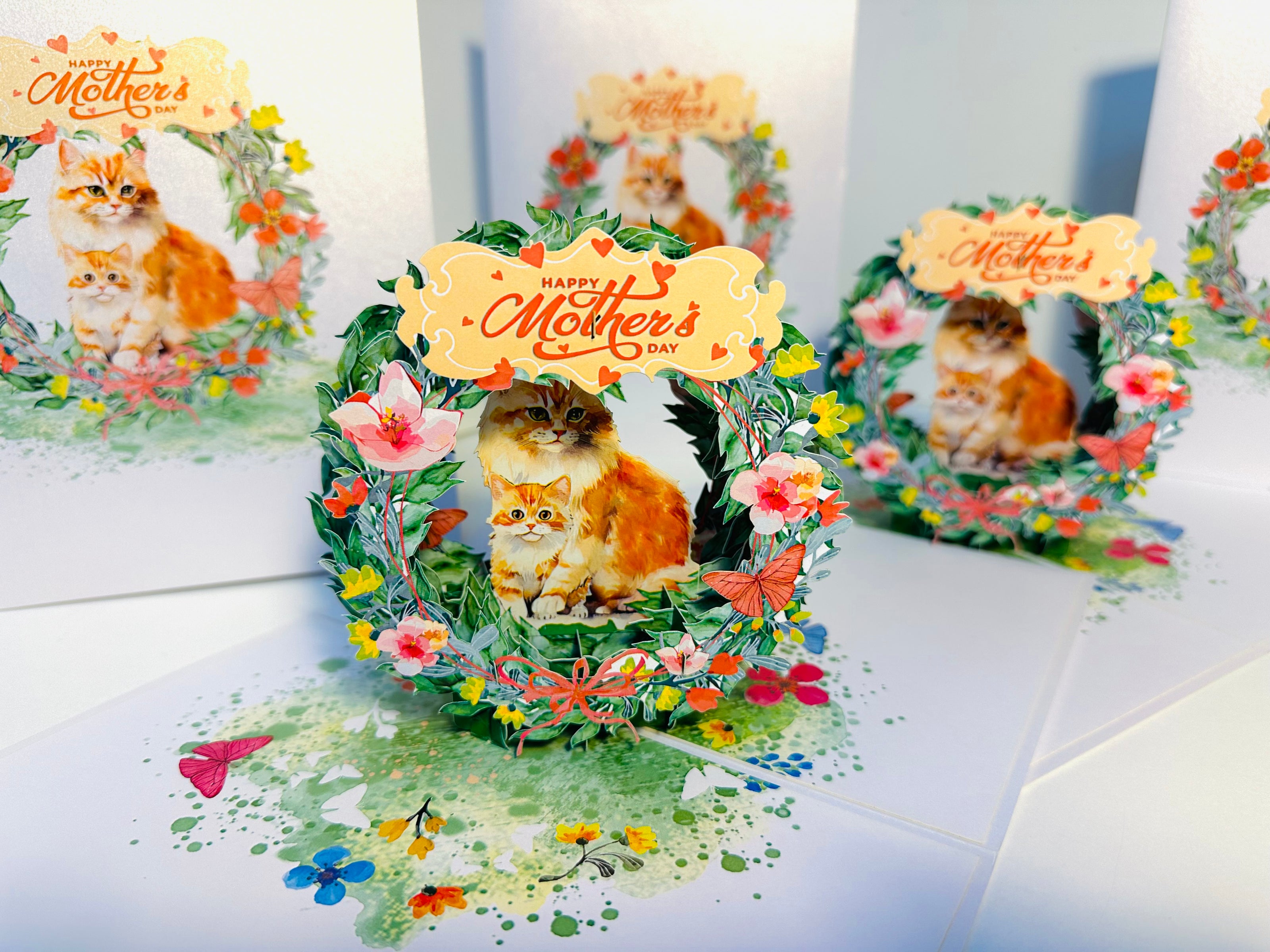 Happy Mother's Day - Mum Cat & Baby Kitten in Floral Wreath Origami Pop Cards 3D Pop Up Greeting Card Handmade Gift for Mum Floral Blank Card Australian Made Thank You Thinking of You Mother's Day Paper Art Gift Australian Flowers Celebrate Special Mum