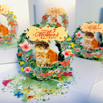 Happy Mother's Day - Mum Cat & Baby Kitten in Floral Wreath Origami Pop Cards 3D Pop Up Greeting Card Handmade Gift for Mum Floral Blank Card Australian Made Thank You Thinking of You Mother's Day Paper Art Gift Australian Flowers Celebrate Special Mum