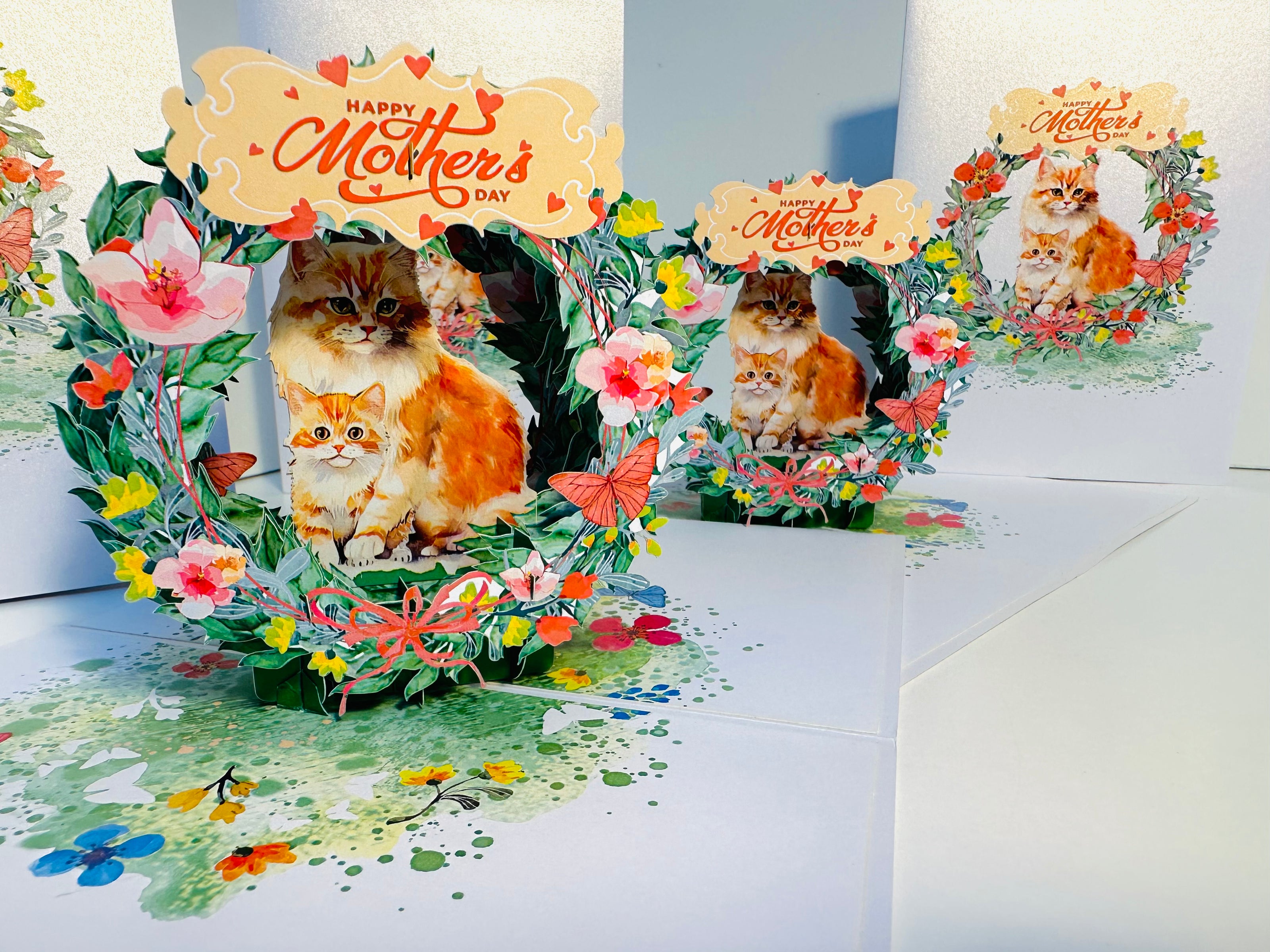 Happy Mother's Day - Mum Cat & Baby Kitten in Floral Wreath Origami Pop Cards 3D Pop Up Greeting Card Handmade Gift for Mum Floral Blank Card Australian Made Thank You Thinking of You Mother's Day Paper Art Gift Australian Flowers Celebrate Special Mum