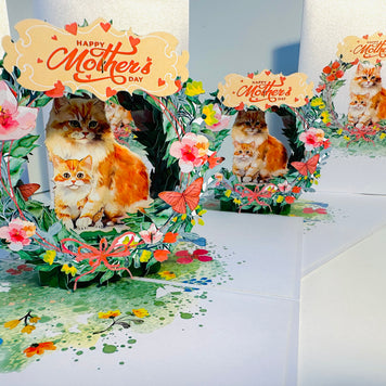 Happy Mother's Day - Mum Cat & Baby Kitten in Floral Wreath Origami Pop Cards 3D Pop Up Greeting Card Handmade Gift for Mum Floral Blank Card Australian Made Thank You Thinking of You Mother's Day Paper Art Gift Australian Flowers Celebrate Special Mum