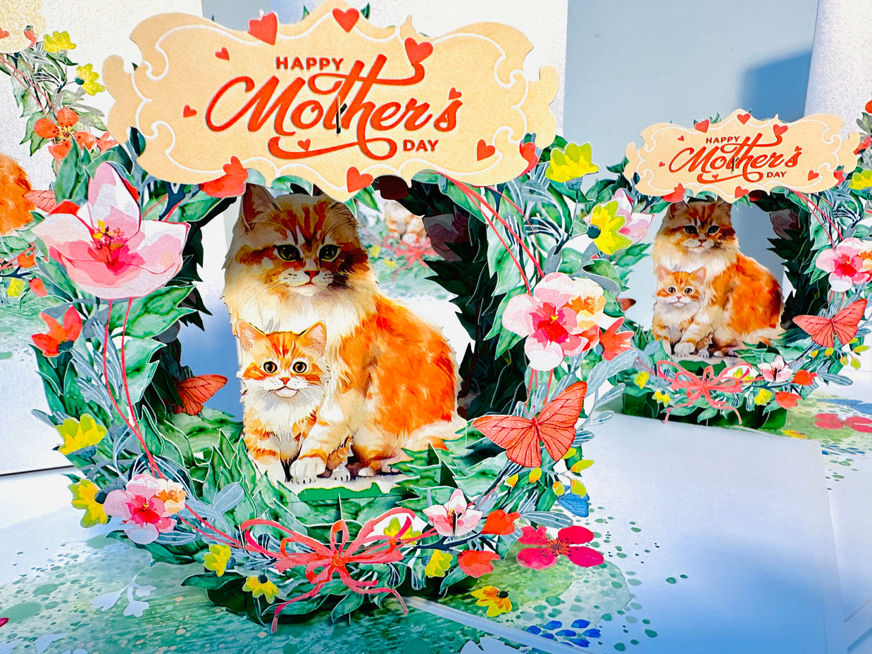 Happy Mother's Day - Mum Cat & Baby Kitten in Floral Wreath Origami Pop Cards 3D Pop Up Greeting Card Handmade Gift for Mum Floral Blank Card Australian Made Thank You Thinking of You Mother's Day Paper Art Gift Australian Flowers Celebrate Special Mum