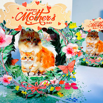 Happy Mother's Day - Mum Cat & Baby Kitten in Floral Wreath Origami Pop Cards 3D Pop Up Greeting Card Handmade Gift for Mum Floral Blank Card Australian Made Thank You Thinking of You Mother's Day Paper Art Gift Australian Flowers Celebrate Special Mum