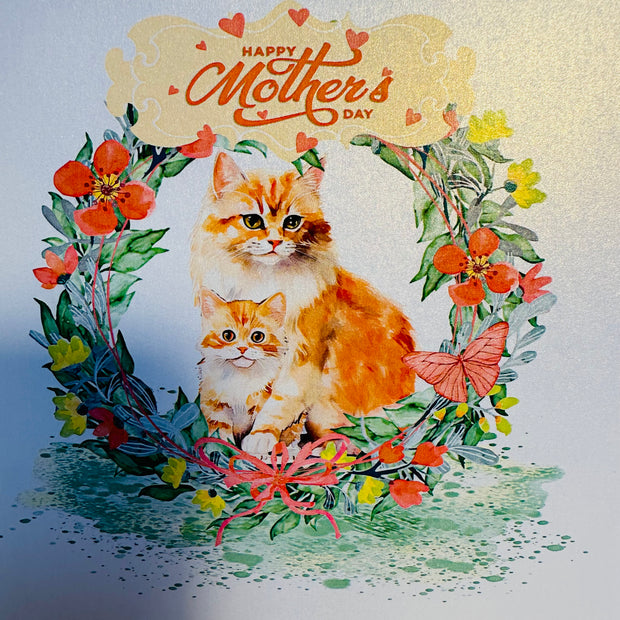 Happy Mother's Day - Mum Cat & Baby Kitten in Floral Wreath Origami Pop Cards 3D Pop Up Greeting Card Handmade Gift for Mum Floral Blank Card Australian Made Thank You Thinking of You Mother's Day Paper Art Gift Australian Flowers Celebrate Special Mum