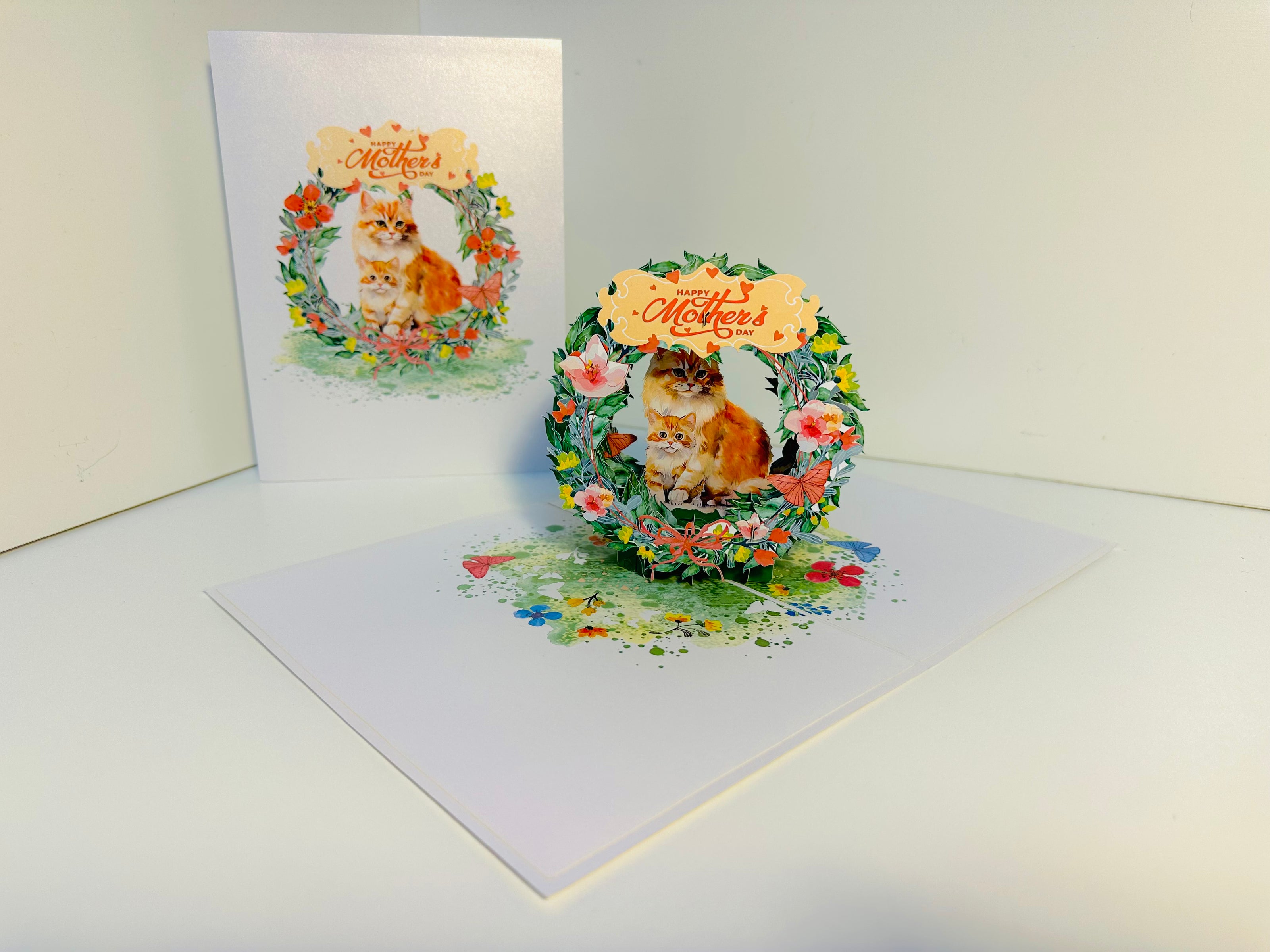Happy Mother's Day - Mum Cat & Baby Kitten in Floral Wreath Origami Pop Cards 3D Pop Up Greeting Card Handmade Gift for Mum Floral Blank Card Australian Made Thank You Thinking of You Mother's Day Paper Art Gift Australian Flowers Celebrate Special Mum