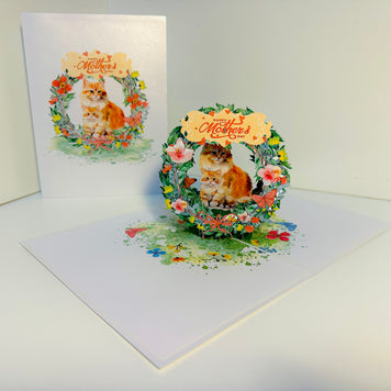 Happy Mother's Day - Mum Cat & Baby Kitten in Floral Wreath Origami Pop Cards 3D Pop Up Greeting Card Handmade Gift for Mum Floral Blank Card Australian Made Thank You Thinking of You Mother's Day Paper Art Gift Australian Flowers Celebrate Special Mum