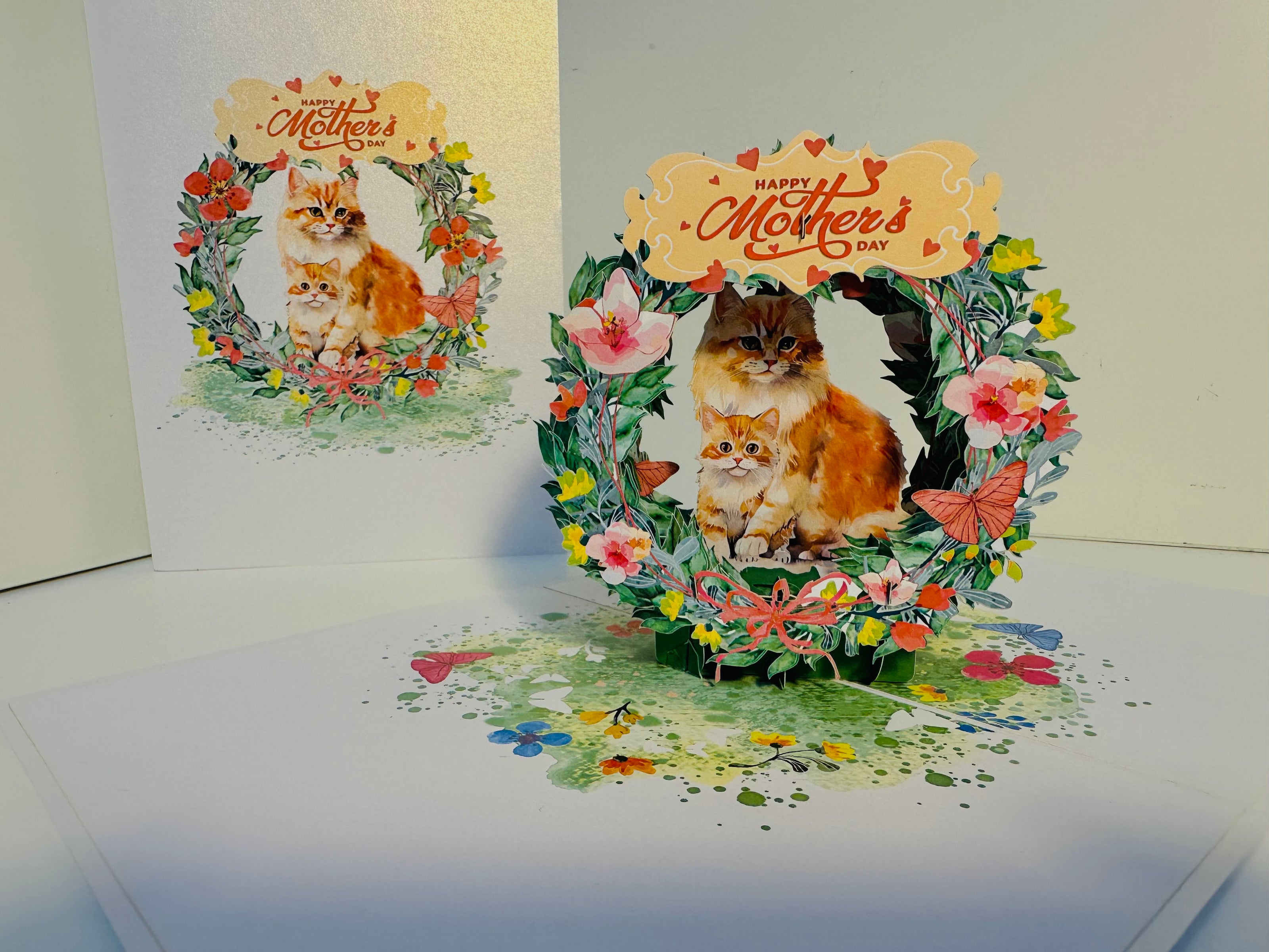 Happy Mother's Day - Mum Cat & Baby Kitten in Floral Wreath Origami Pop Cards 3D Pop Up Greeting Card Handmade Gift for Mum Floral Blank Card Australian Made Thank You Thinking of You Mother's Day Paper Art Gift Australian Flowers Celebrate Special Mum