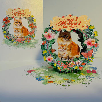Happy Mother's Day - Mum Cat & Baby Kitten in Floral Wreath Origami Pop Cards 3D Pop Up Greeting Card Handmade Gift for Mum Floral Blank Card Australian Made Thank You Thinking of You Mother's Day Paper Art Gift Australian Flowers Celebrate Special Mum