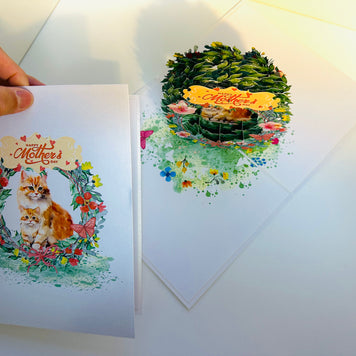 Happy Mother's Day - Mum Cat & Baby Kitten in Floral Wreath Origami Pop Cards 3D Pop Up Greeting Card Handmade Gift for Mum Floral Blank Card Australian Made Thank You Thinking of You Mother's Day Paper Art Gift Australian Flowers Celebrate Special Mum