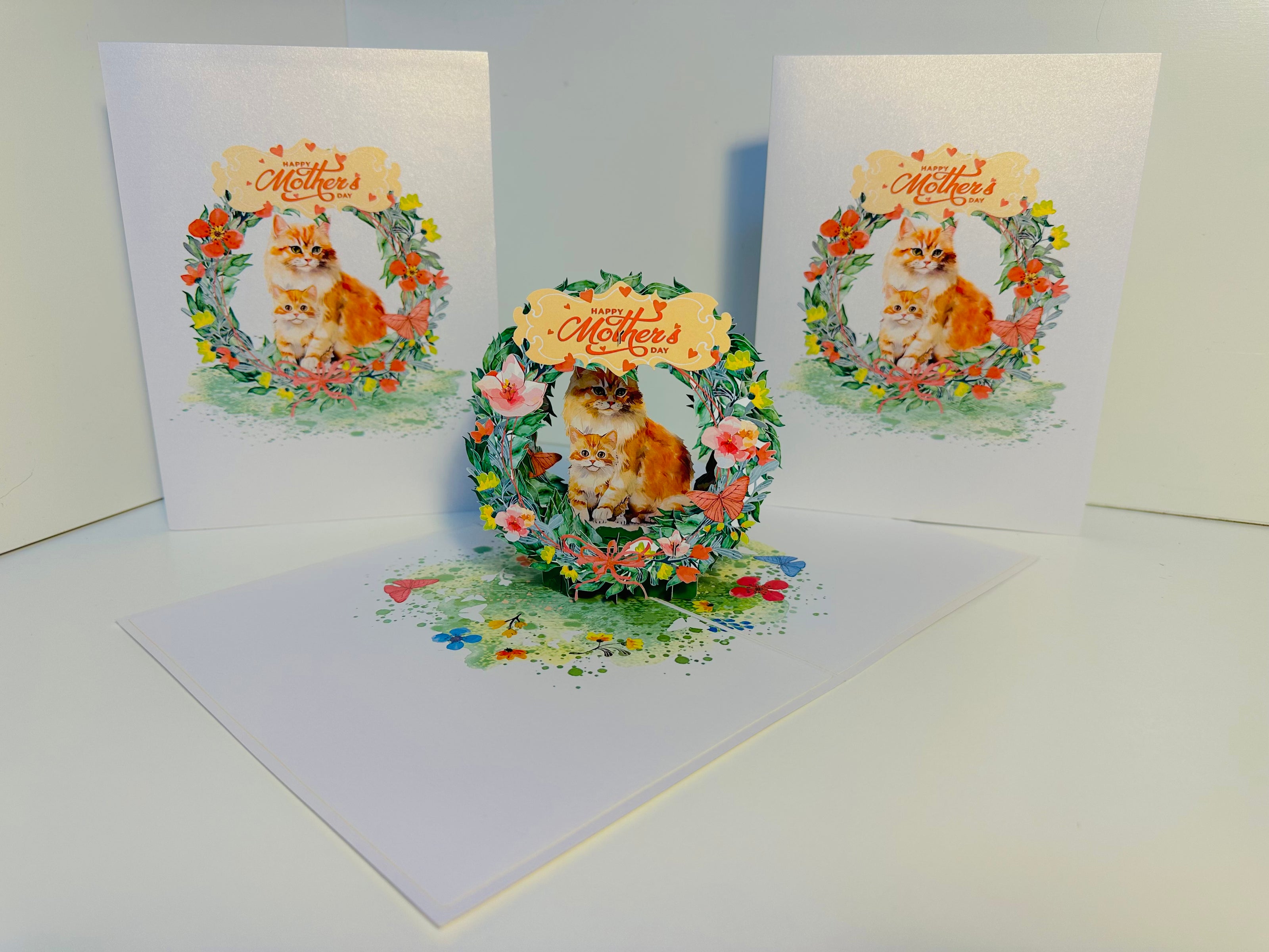 Happy Mother's Day - Mum Cat & Baby Kitten in Floral Wreath Origami Pop Cards 3D Pop Up Greeting Card Handmade Gift for Mum Floral Blank Card Australian Made Thank You Thinking of You Mother's Day Paper Art Gift Australian Flowers Celebrate Special Mum
