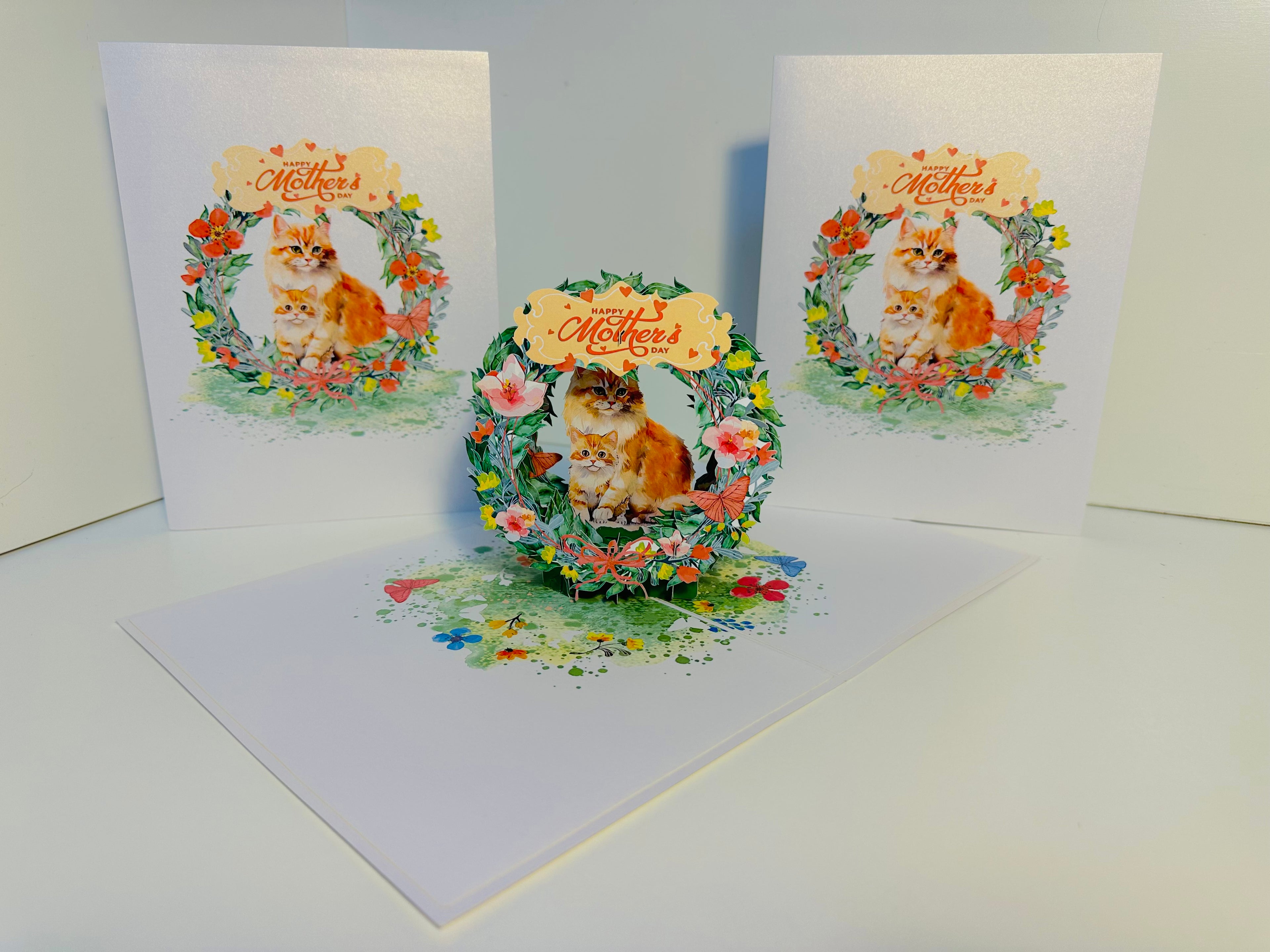 Happy Mother's Day - Mum Cat & Baby Kitten in Floral Wreath Origami Pop Cards 3D Pop Up Greeting Card Handmade Gift for Mum Floral Blank Card Australian Made Thank You Thinking of You Mother's Day Paper Art Gift Australian Flowers Celebrate Special Mum
