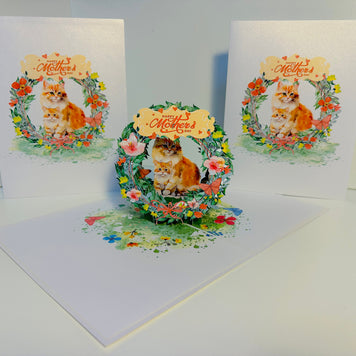 Happy Mother's Day - Mum Cat & Baby Kitten in Floral Wreath Origami Pop Cards 3D Pop Up Greeting Card Handmade Gift for Mum Floral Blank Card Australian Made Thank You Thinking of You Mother's Day Paper Art Gift Australian Flowers Celebrate Special Mum