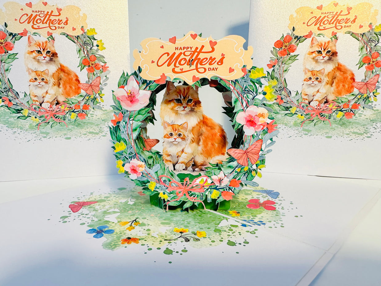 Happy Mother's Day - Mum Cat & Baby Kitten in Floral Wreath Origami Pop Cards 3D Pop Up Greeting Card Handmade Gift for Mum Floral Blank Card Australian Made Thank You Thinking of You Mother's Day Paper Art Gift Australian Flowers Celebrate Special Mum
