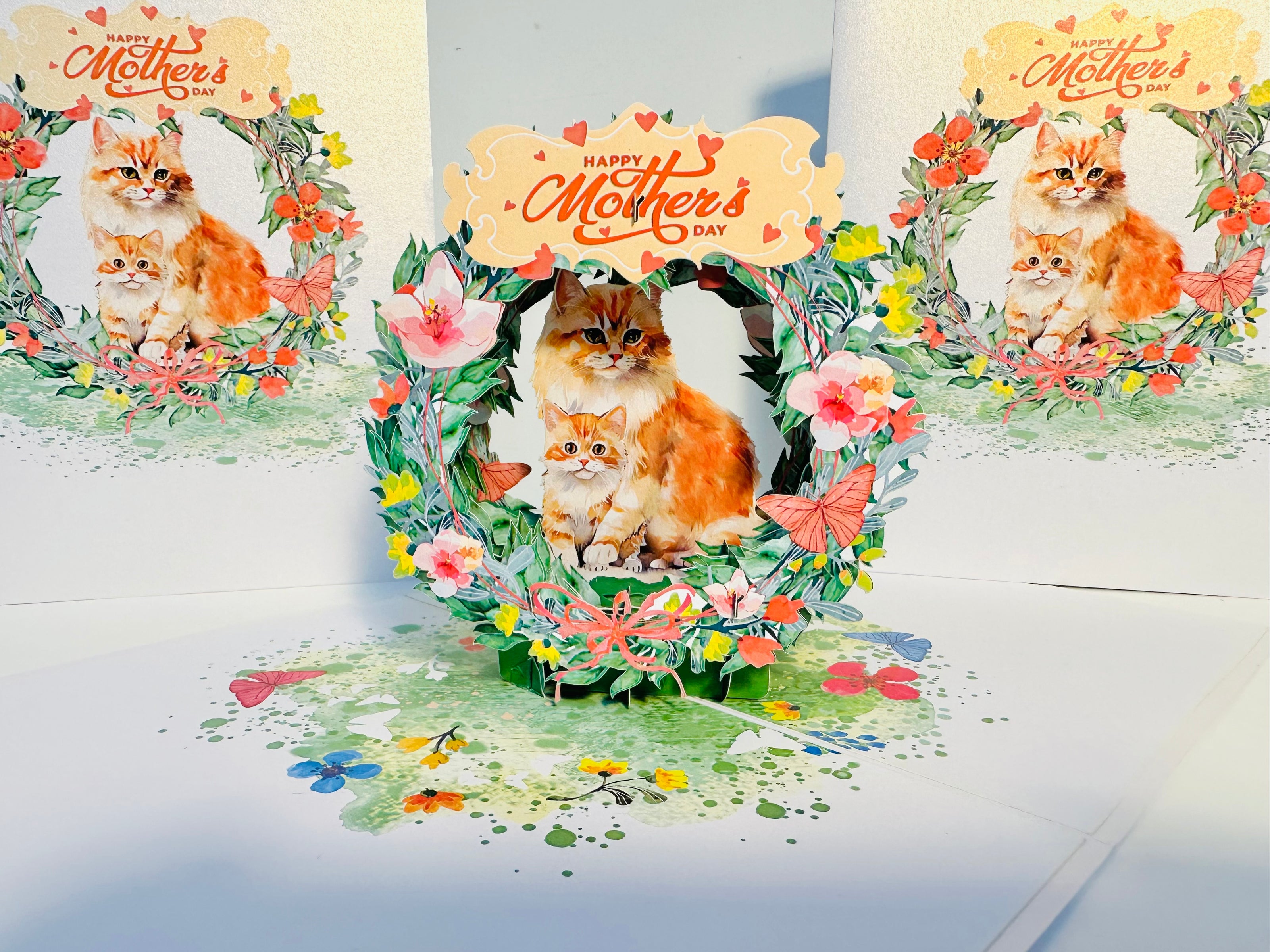 Happy Mother's Day - Mum Cat & Baby Kitten in Floral Wreath Origami Pop Cards 3D Pop Up Greeting Card Handmade Gift for Mum Floral Blank Card Australian Made Thank You Thinking of You Mother's Day Paper Art Gift Australian Flowers Celebrate Special Mum