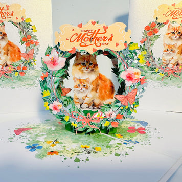 Happy Mother's Day - Mum Cat & Baby Kitten in Floral Wreath Origami Pop Cards 3D Pop Up Greeting Card Handmade Gift for Mum Floral Blank Card Australian Made Thank You Thinking of You Mother's Day Paper Art Gift Australian Flowers Celebrate Special Mum