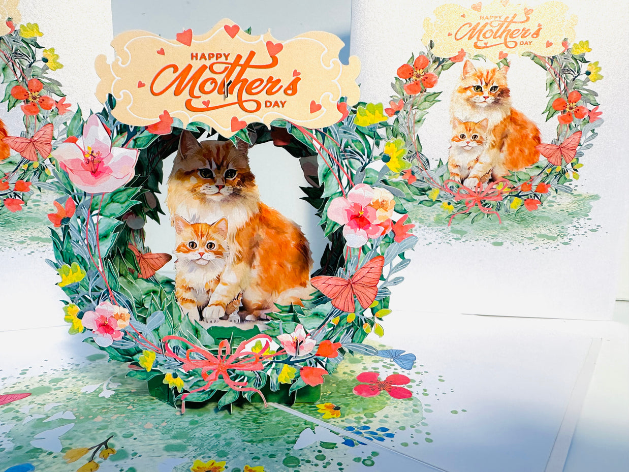 Happy Mother's Day - Mum Cat & Baby Kitten in Floral Wreath Origami Pop Cards 3D Pop Up Greeting Card Handmade Gift for Mum Floral Blank Card Australian Made Thank You Thinking of You Mother's Day Paper Art Gift Australian Flowers Celebrate Special Mum