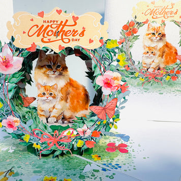Happy Mother's Day - Mum Cat & Baby Kitten in Floral Wreath Origami Pop Cards 3D Pop Up Greeting Card Handmade Gift for Mum Floral Blank Card Australian Made Thank You Thinking of You Mother's Day Paper Art Gift Australian Flowers Celebrate Special Mum