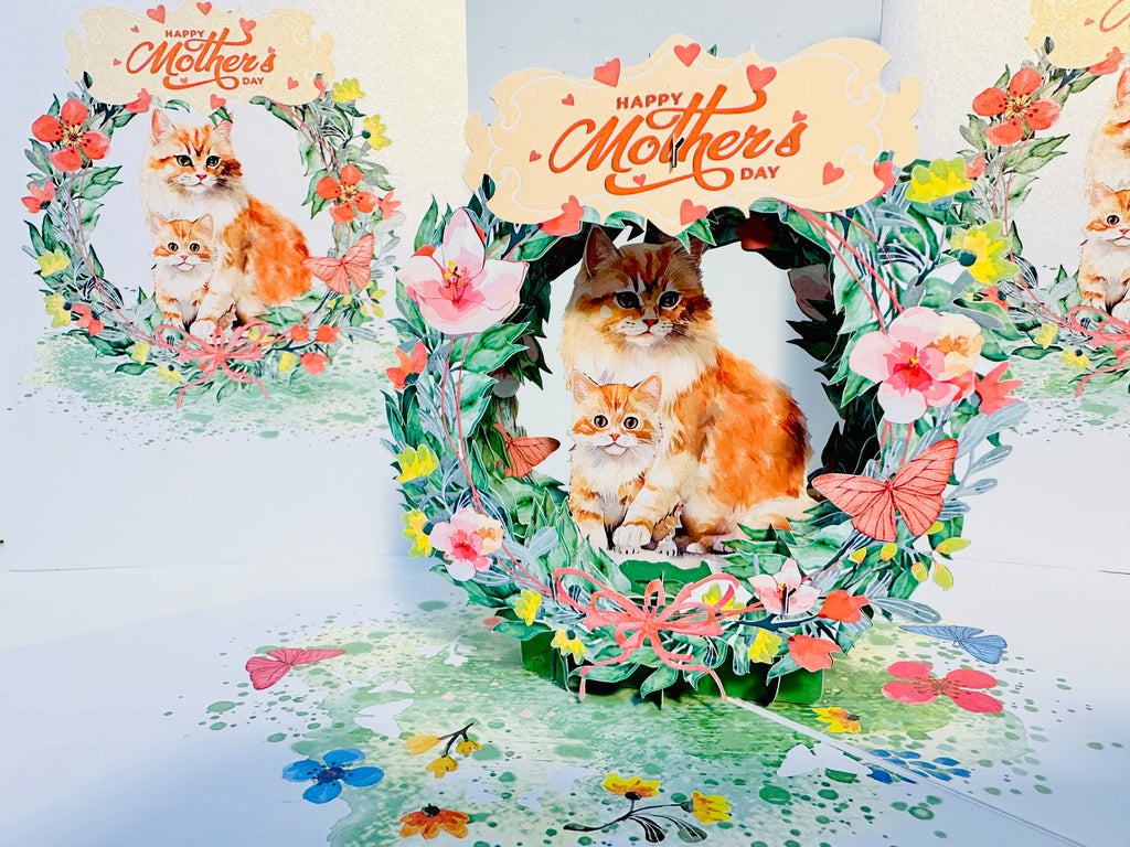 Happy Mother's Day - Mum Cat & Baby Kitten in Floral Wreath Origami Pop Cards 3D Pop Up Greeting Card Handmade Gift for Mum Floral Blank Card Australian Made Thank You Thinking of You Mother's Day Paper Art Gift Australian Flowers Celebrate Special Mum