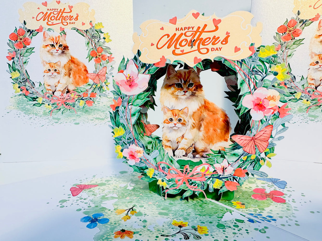 Happy Mother's Day - Mum Cat & Baby Kitten in Floral Wreath Origami Pop Cards 3D Pop Up Greeting Card Handmade Gift for Mum Floral Blank Card Australian Made Thank You Thinking of You Mother's Day Paper Art Gift Australian Flowers Celebrate Special Mum