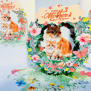 Happy Mother's Day - Mum Cat & Baby Kitten in Floral Wreath Origami Pop Cards 3D Pop Up Greeting Card Handmade Gift for Mum Floral Blank Card Australian Made Thank You Thinking of You Mother's Day Paper Art Gift Australian Flowers Celebrate Special Mum