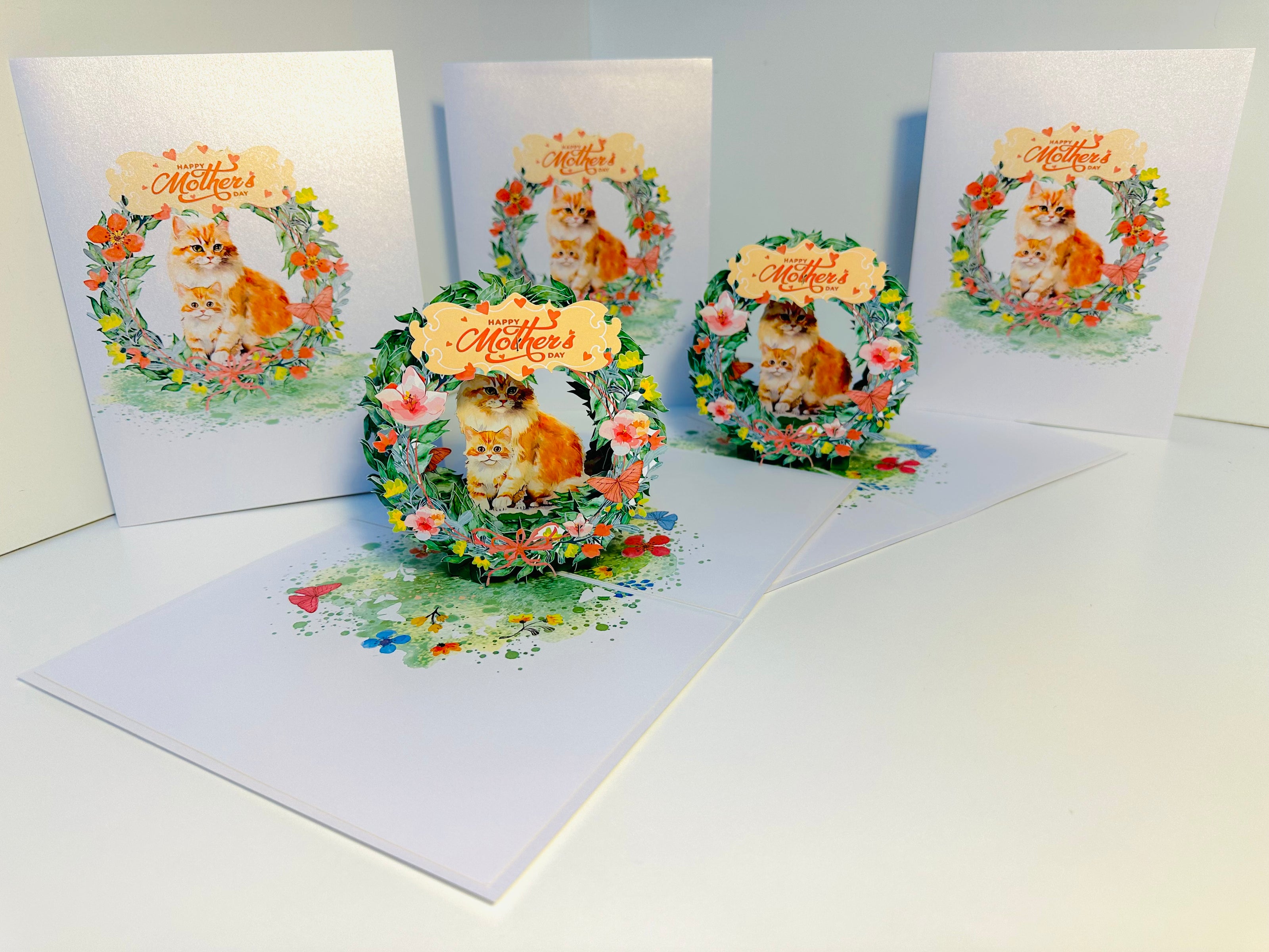 Happy Mother's Day - Mum Cat & Baby Kitten in Floral Wreath Origami Pop Cards 3D Pop Up Greeting Card Handmade Gift for Mum Floral Blank Card Australian Made Thank You Thinking of You Mother's Day Paper Art Gift Australian Flowers Celebrate Special Mum