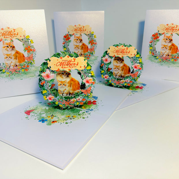 Happy Mother's Day - Mum Cat & Baby Kitten in Floral Wreath Origami Pop Cards 3D Pop Up Greeting Card Handmade Gift for Mum Floral Blank Card Australian Made Thank You Thinking of You Mother's Day Paper Art Gift Australian Flowers Celebrate Special Mum