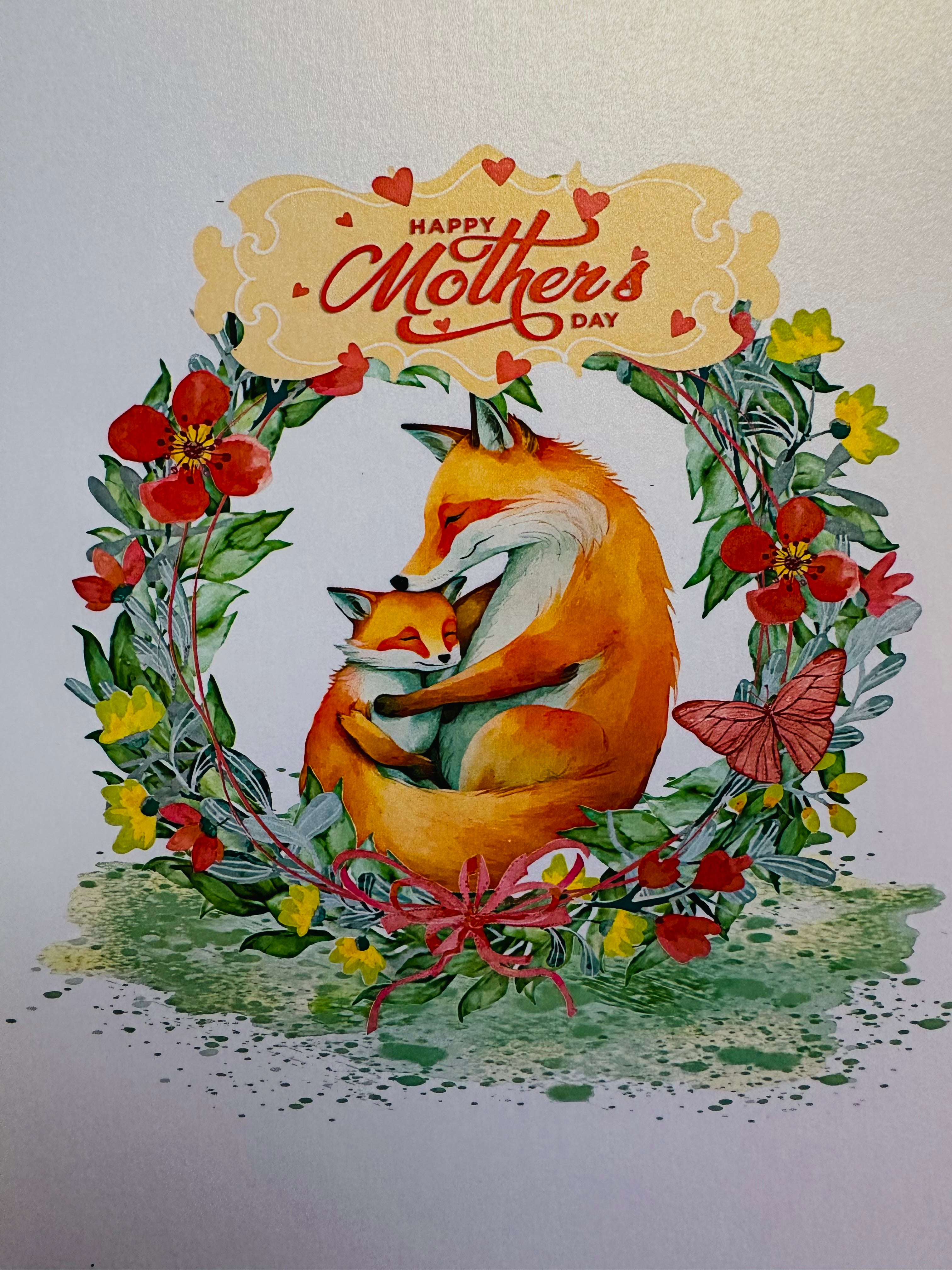 Happy Mother's Day - Sweet Mum & Baby Fox in Floral Wreath Origami Pop Cards 3D Pop Up Greeting Card Handmade Gift for Mum Floral Blank Card Australian Made Thank You Thinking of You Mother's Day Paper Art Gift Australian Flowers Celebrate Special Mum