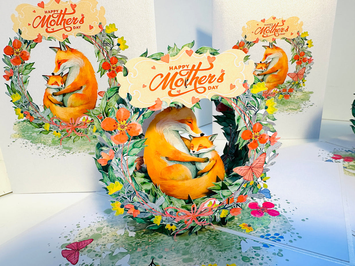 Happy Mother's Day - Sweet Mum & Baby Fox in Floral Wreath Origami Pop Cards 3D Pop Up Greeting Card Handmade Gift for Mum Floral Blank Card Australian Made Thank You Thinking of You Mother's Day Paper Art Gift Australian Flowers Celebrate Special Mum