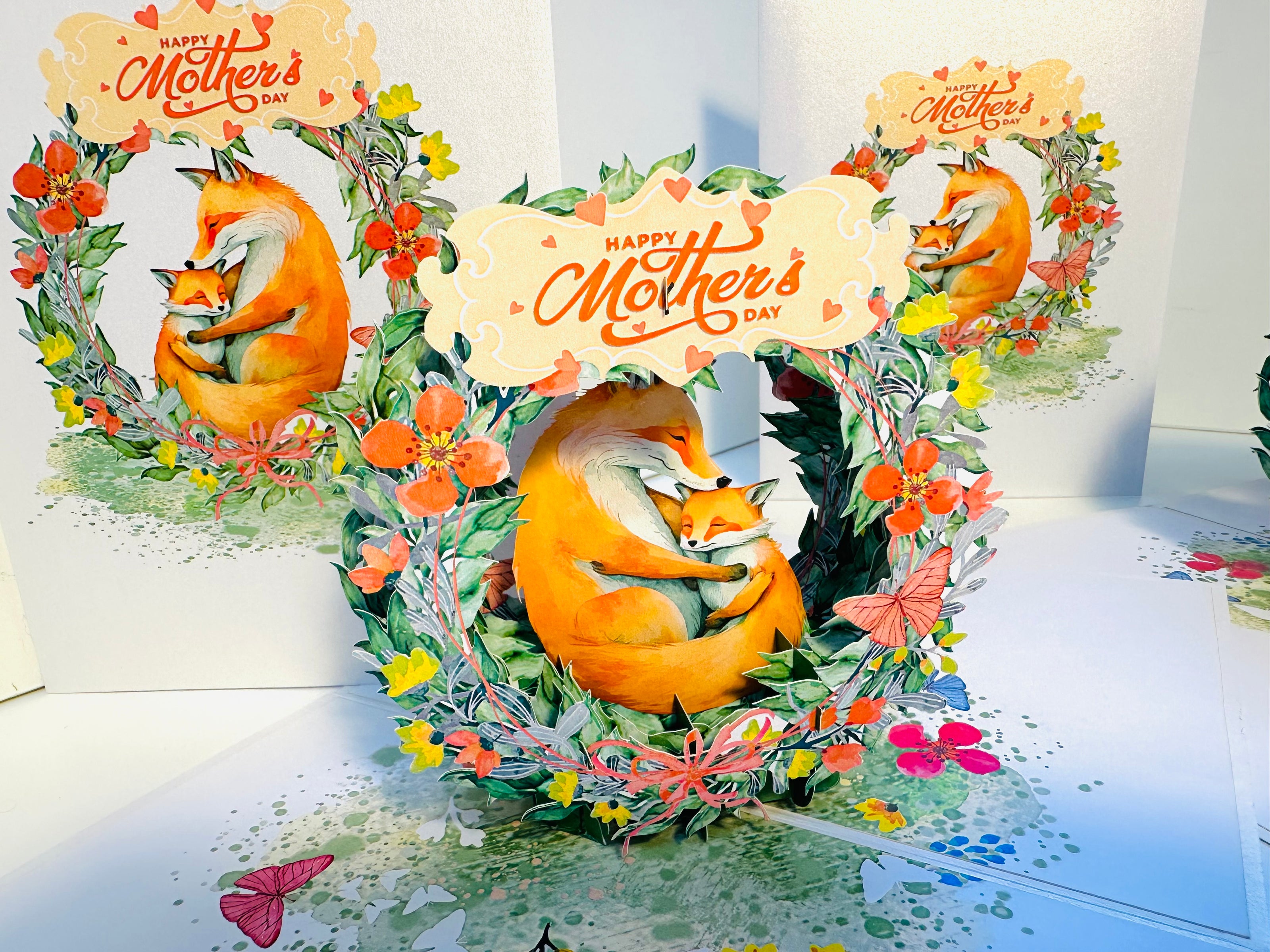 Happy Mother's Day - Sweet Mum & Baby Fox in Floral Wreath Origami Pop Cards 3D Pop Up Greeting Card Handmade Gift for Mum Floral Blank Card Australian Made Thank You Thinking of You Mother's Day Paper Art Gift Australian Flowers Celebrate Special Mum